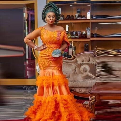 Orange Plus Size Evening Dresses With Illusion Sleeves Tiered Appliques Lace Aso Ebi Prom Dress Mermaid African robe de soirée