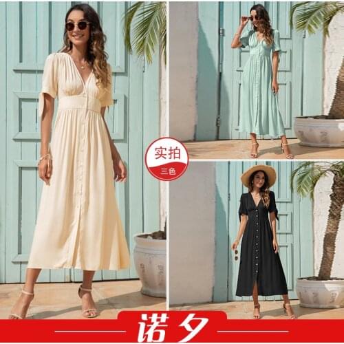 Dress Women Summer Summer 2021 New Europe United States v-neck Tall Waist Cuff Strap Fashion Dresses Casual Vestidos LHX1060