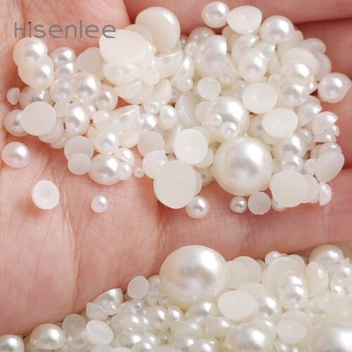 Hisenlee 1000pcs/bag Mix Sizes 2-12mm Beige/White ABS Half Round Imitation Pearl For Round Pearls Crafts DIY Scrapbook Beads