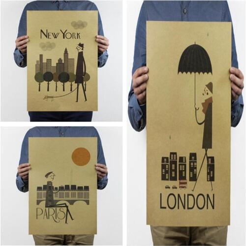 Retro Kraft Paper Vintage Poster London & New York & Paris Cities Poster Cafe Bar Painting Wallpaper
