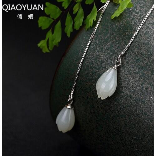 925 sterling silver earings jade earrings white jade orchid earrings Costume jewelry Vintage natural long magnolia ear line