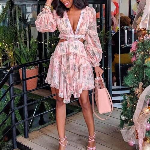 Spring Summer Womens Sexy Hollow Out Waist Slim Pink Long Sleeve Chiffon Dress Edible Tree Fungus Patchwork V Neck Party Dress