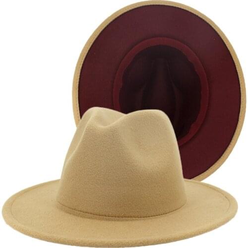 2021 New Fashion Flat Brimmed British Classic Woolen Felt Fedora Hat Camel Wine Red Patchwork Women Men Jazz Panama Hat