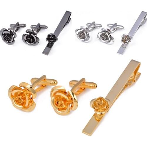 5sets/lot Tie Clips Cufflinks Set Romantic 3D Rose Flower Cuff Links Tie Clip Set Valentine Day Gift Wedding Jewerly