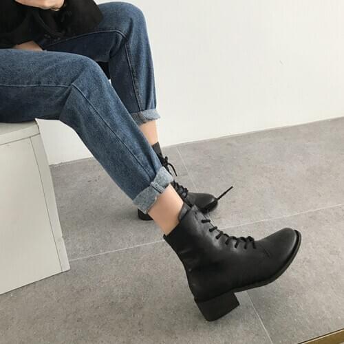 Womens Boots Womens Shoes Womens Leather Round Head Thick Heel Ankle Boots Womens High Heel Rubber Boots Size 33-42