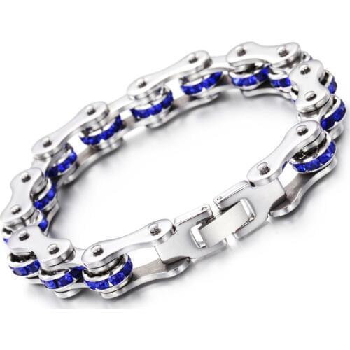 High Quality New Womens Girls Stainless Steel Silver Color Bike Motor Chain Blue Drill-CZ Unisexs Bracelet Bangle 8.26 inch