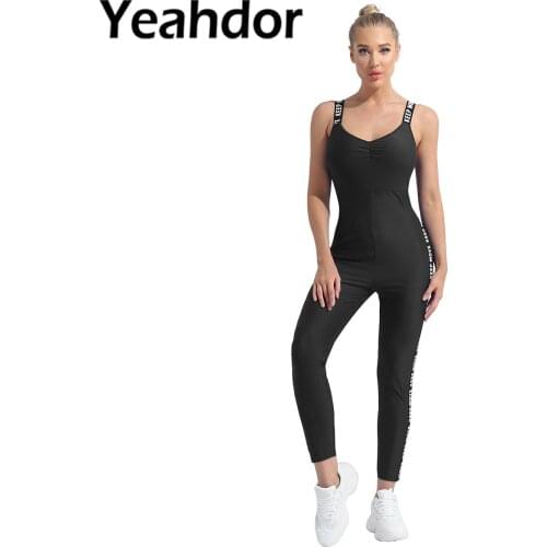 2021 Womens Gym Fitness Workout Jumpsuit Sportwear Sport Outfit V Neck Shoulder Straps Sleeveless Letters Print Side Bodysuit