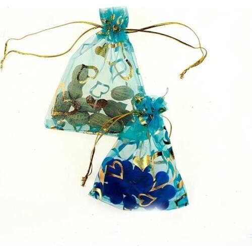 15*20cm 100pcs Sky Blue Gold Heart Gift Bags For Jewelry/wedding/christmas/birthday Yarn Bag With Handles Packaging Organza Bags