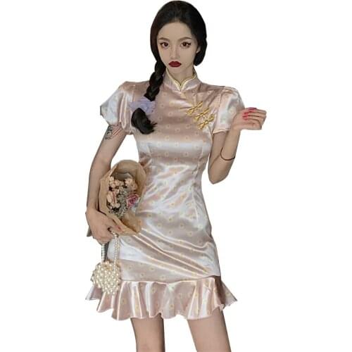 2021 chinese style improved sexy cheongsam dress lantern sleeve bodycon retro party dress ruffle design satin qipao dress