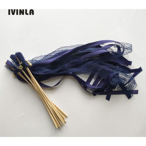 50pcs/lot dark blue Lace ribbon wands with sliver bell for wedding decoration