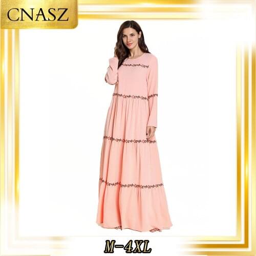 Abaya Comfortable Fashion Large Size Autumn Pink Embroidered Long-Sleeved Round Neck Muslim Casual Dress