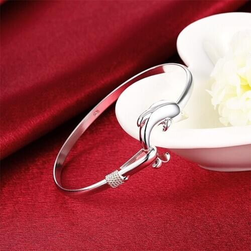 925 Sterling Silver Cute Dolphin Bangle Bracelet For Women Wedding Engagement Fashion Charm Party Jewelry Gift