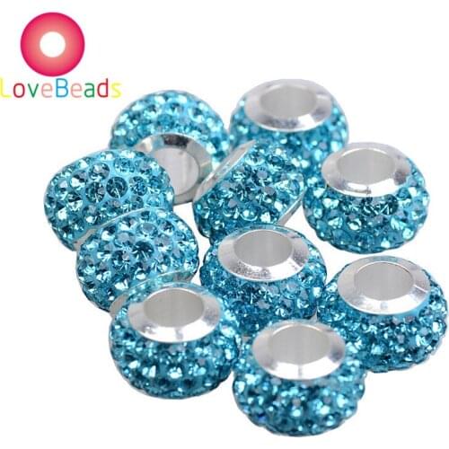 20Pcs/Set Indicolite Color Rhinestone Beads Glass Crystal Polymer Clay Big Hole Murano Spacer Clip Fit Pandora Charms Bracelet