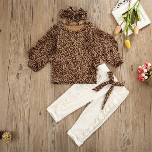 Childrens clothing girls leopard print Europe and America 2020 new autumn long-sleeved trousers + hair tie suit