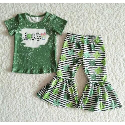 Kids Clothes Girls St Patrick Day Short Tshirt Top Four Leaf Clover Print Baby Girl Clothes детская одежда Striped Bell Bottoms