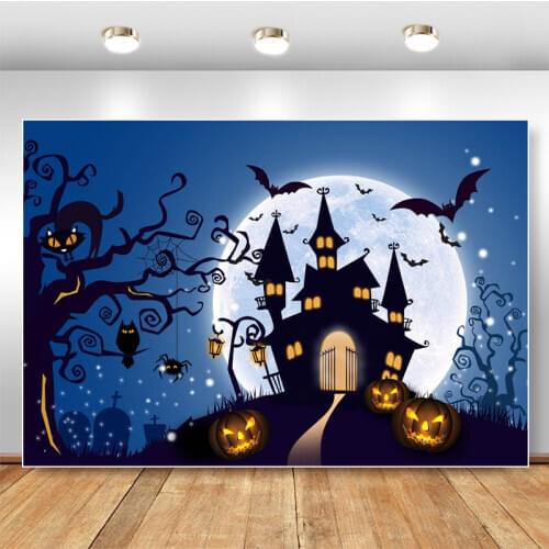 Halloween Backdrop Castle Pumpkin Lantern Background For Photography Black Cat Bat Full Moon Backgrounds for Photo Studio