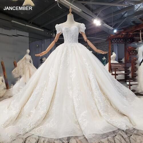 HTL1736 Lace Applique Crystal Sequined Wedding Dress 2020 Plus Size Lace Up Back O-Neck Puff Short Sleeve noiva vestido