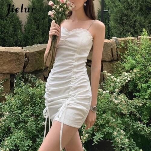 Jielur Sexy Black White Drawstring Camisole Dresses for Women Skinny Bodycon Dress Female A-line Solid Colour Mini Dress Summer