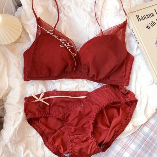Honviey Vintage bra panties set embroidered letter no steel ring gather comfortable lingerie set mesh gauze sexy bralette set