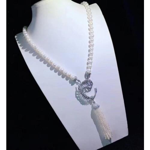 Swan Feather Zircon Tassel Bright Pendant Freshwater Pearl Necklace Female Party Jewelry Holiday Gift