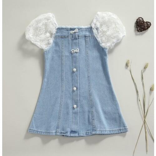 Cute Sweet Girls Dress Kids Lace Puff Sleeve A-line Denim Dress 2021 Fashion Summer Clothing for 2-7Y