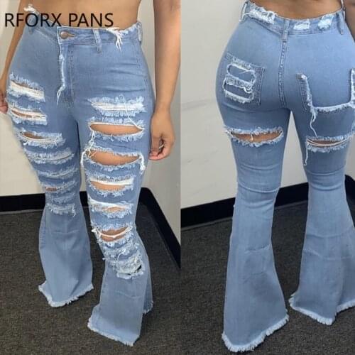 Women fashion clothes ripped skinny bell bottom jeans Flared Leg jeans