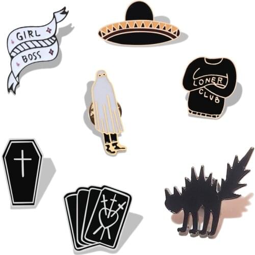 Fashion Black Gothic Witch Punk Badge Pins Skeleton Skull Cat Coffin Hat Brooches Bag Clothes Lapel Pin Accessories Jewelry Gift
