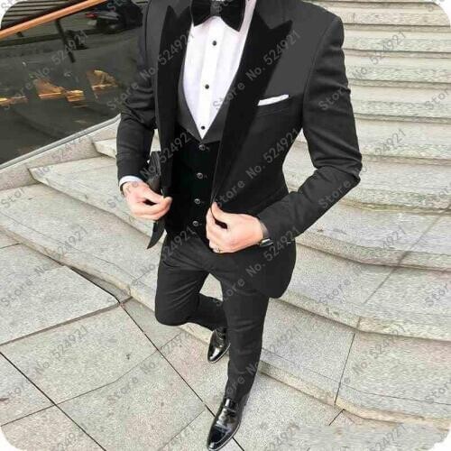New Groomsmen Peak Velvet Lapel Groom Tuxedos Charcoal Grey+Black Men Suits Wedding Best Man (Jacket+Pants+Bow Tie+Vest) C639