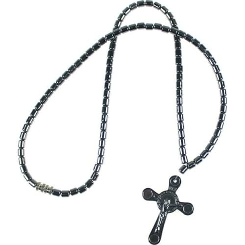 New Black Magnetite Beaded Necklaces Cross Pendant Magnet Turnbuckle Chain Neck for Men Him Religous Jewelry