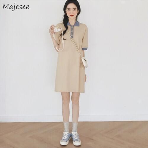 Short Sleeve Dress Women Preppy Style Fresh Patchwork Turn Down Collar Loose Button Knitted Simple Leisure Fashion Ulzzang New