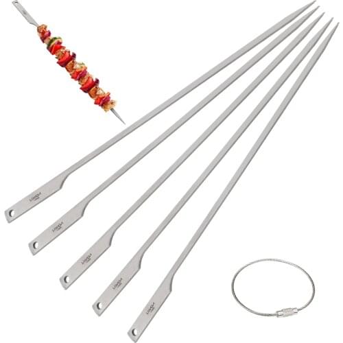 Lixada 5pcs 10 Inch Flat Titanium Barbecue Skewers Outdoor Backyard Picnic BBQ Grilling Kabob Skewers BBQ Sticks with Wire Ring