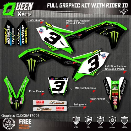 Queen X MOTOR Custom Team Graphics Decals Stickers Kit For Kawasaki Decal 2017 2018 2019 2020 KXF 250 003