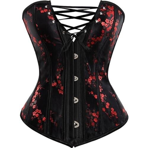 Plus Size S-7XL Women Elegant Palace Floral Jacquard Sexy Red Or Black Overbust Corset