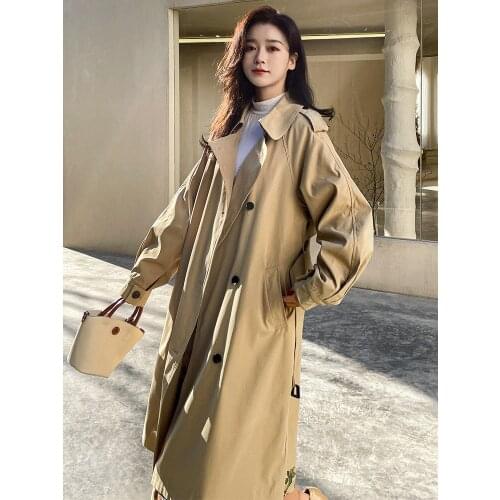Womens Windbreaker Spring And Autumn New Korean Fashion Loose Solid Color Wild Double-breasted Long-sleeved Feminine Coat M077