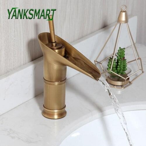 YANKSMART Antique Brass Wine Glass Style Single Lever Waterfall Washbasin Bathroom Faucet Basin Sink Deck Mount Mixer Water Tap