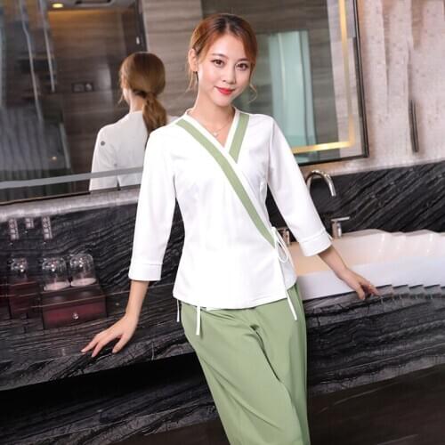 Women Fashion Spa Hotel Beauty Salon Uniforms Manicurist Beautician Workwear Cross Neck Top Loose Pants Beautician Uniform AS184