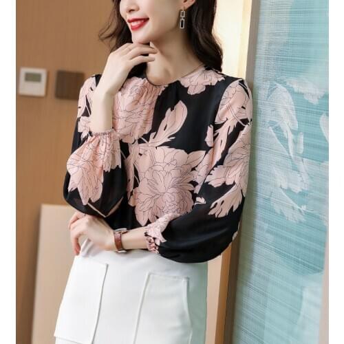Womens Shirt 100% Silk Blouse Long Sleeve Top Female Floral Blouses Women Casual Spring Autumn Clothes 2021 Ropa Mujer Pph3704