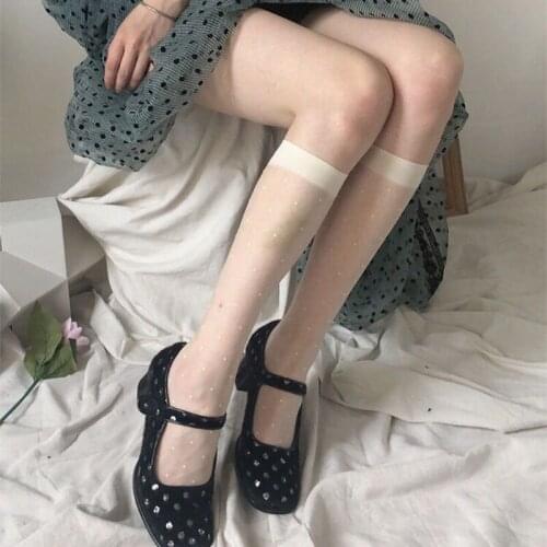 Women Summer Sexy Transparent Calf Socks Harajuku Vintage Polka Dot Print Jacquard See-Through Mesh Lolita Knee Hosiery