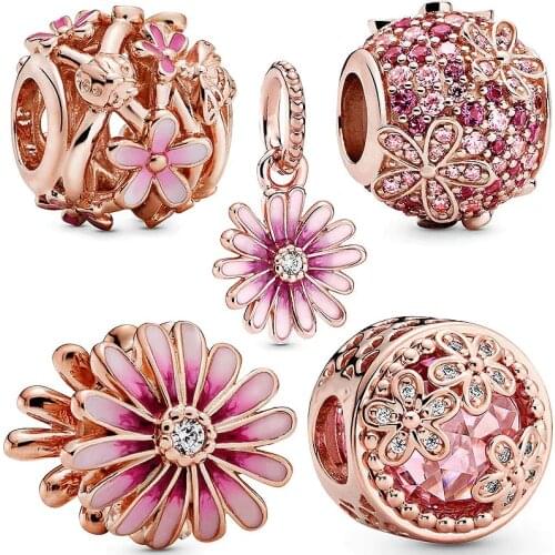 New rose gold pink daisy charm fit Pan bracelet zircon beads 925 sterling silver woman luxury jewelry pendant gift making