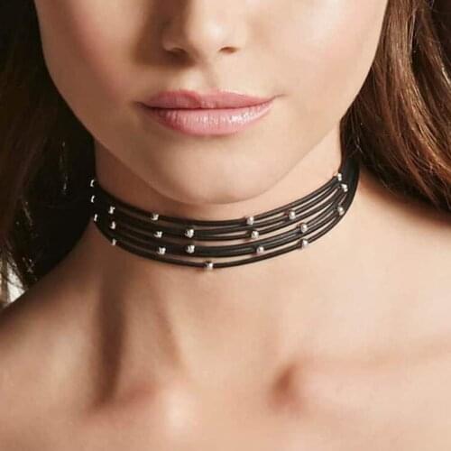 Amorcome Gothic Bohemia Layered Choker Necklace Black Leather Chokers with Silver Beads Collar Necklace for Women Girls