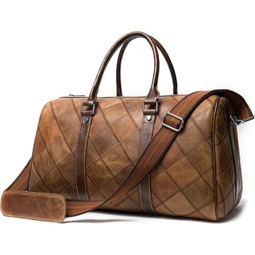 Winter Travel Handbags Mens First Layer Cowhide Plaid Duffle Bag Weekend Bags Large Capacity Retro Luggage Bag