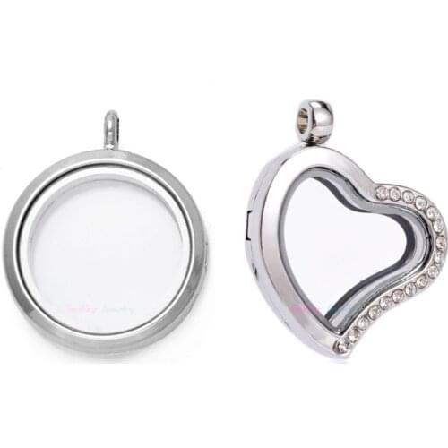 1pc DIY Living Memory Floating Charms Glass Diffuser Necklace Lockets Heart Magnetic Imitation Crystal Stainless Steel Pendants