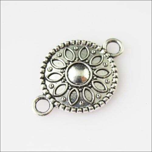 20Pcs Antiqued Silver Color Flower Round Charms Pendants Connectors 15.5x23mm