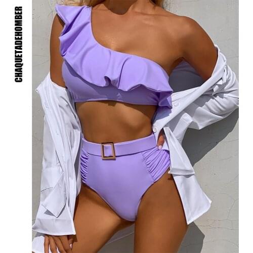2021 Sexy One Shoulder Ruffle Brazilian Bikini Set Swimwear Summer Bohemian Pure Color Backless Swimsuit Bathing Suit Beach Wear