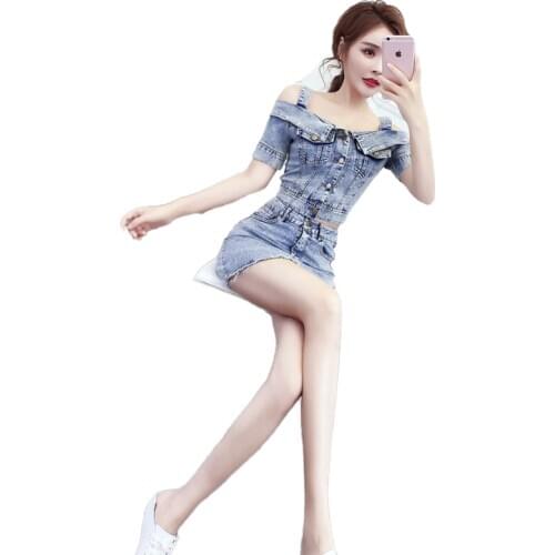2021 Woman Jean Two Piece Set Summer Suspenders Denim High Waist Tops + Short Skirt Light Blue Sexy Fashion Outfits Korean Style