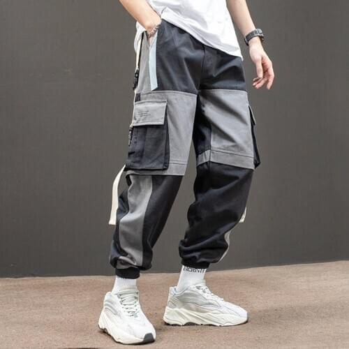 Stylish Men Multi Pockets Straps Patchwork Ankle Tied Long Cargo Pants Trousers