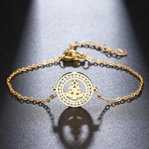 CACANA 316L Stainless Steel For Women Crystal Bracelet Christmas Tree Round Bracelets Gold Color Engagement Gifts Jewelry New
