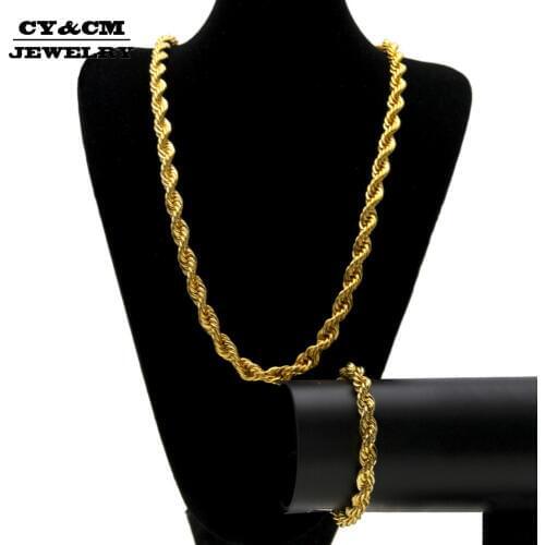 CY&CM Men Women Gold Silver Plated 10mm Rope Chain Hip Hop Punk Bling Bling Iced out Long Necklace 30" Bracelet 8" Jewelry Set