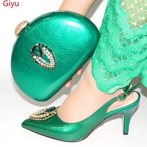 Doershow Shoes and Bag Set African Sets 2019 green Color Italian Shoe Bag Set Decorated with Rhinestone High Quality!SYT1-18
