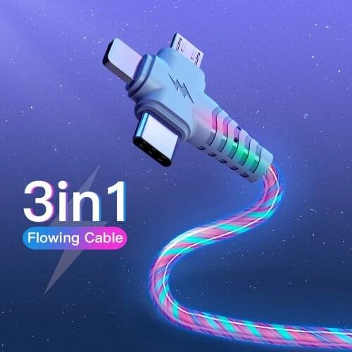 3 in 1 LED Glow Flowing Charger Cable Luminous Lighting Fast Charging Micro USB Type C For iPhone Android Phone USBC Wire Cord